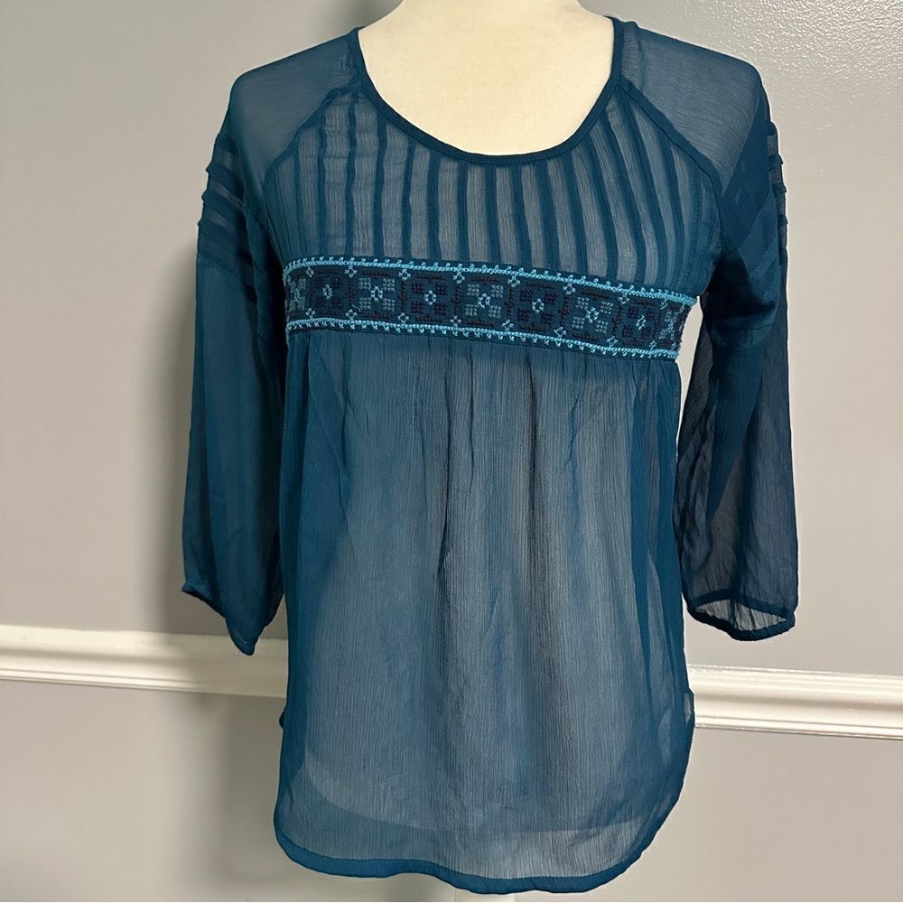 Lucky Brand Womens Peasant Top Sheer Embroidered Pleated Teal Blue Size XS